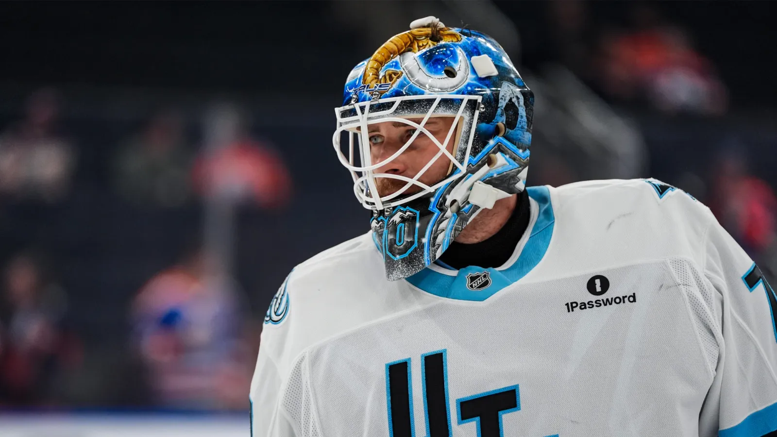 Utah goaltender Karel Vejmelka (70) in a blue painted mask at Rogers Place