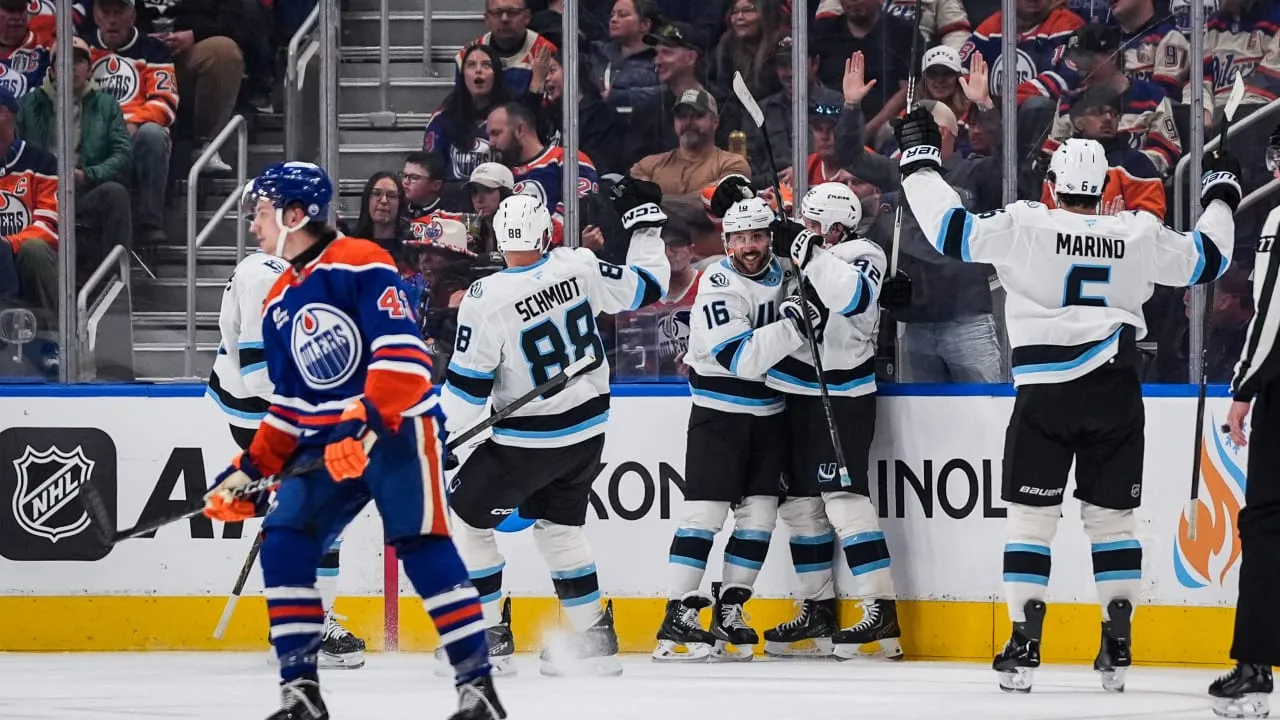 Vincent Trocheck (16), Nate Schmidt (88) and John Marino (6) celebrate a Mammoth goal at Rogers Place as Edmonton's Kasperi Kapanen (42) skates past